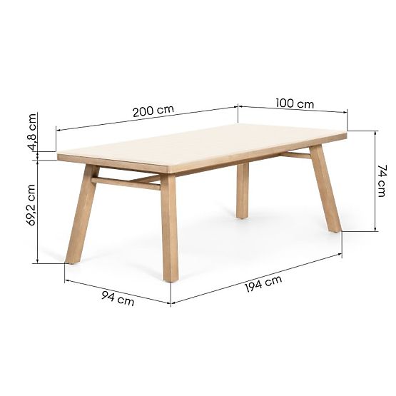 Tavolo da giardino Wabi 200 cm con piano in pietra, legno di acacia chiaro/beige chiaro, rettangolar