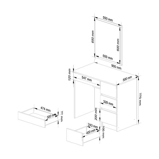 TAVOLO DA TOLETTA COSMETICO CON SPECCHIO T-6/SL 500x600 DESTRO BIANCO
