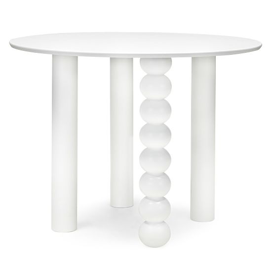 Tavolo rotondo Bolla 100 cm, impiallacciatura di faggio, bianco, gamba decorativa con sfere