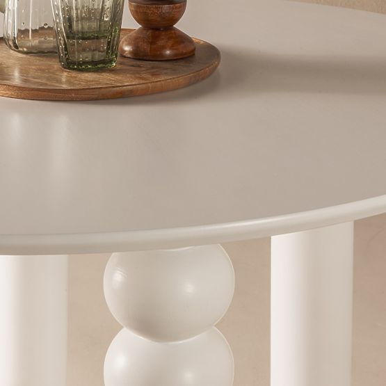 Tavolo rotondo Bolla 100 cm, impiallacciatura di faggio, bianco, gamba decorativa con sfere
