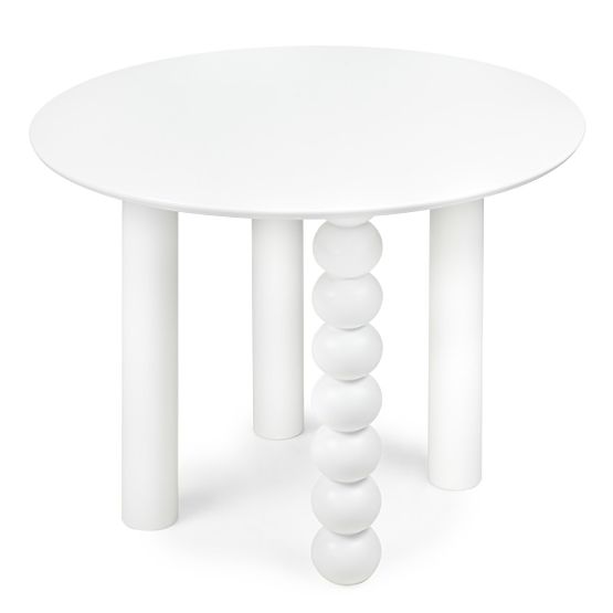 Tavolo rotondo Bolla 100 cm, impiallacciatura di faggio, bianco, gamba decorativa con sfere