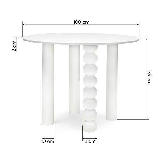Tavolo rotondo Bolla 100 cm, impiallacciatura di faggio, bianco, gamba decorativa con sfere