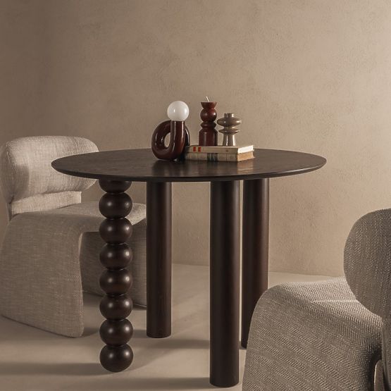 Tavolo rotondo Bolla 100 cm, impiallacciatura di quercia, noce, gamba decorativa con sfere