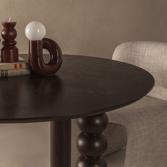 Tavolo rotondo Bolla 100 cm, impiallacciatura di quercia, noce, gamba decorativa con sfere