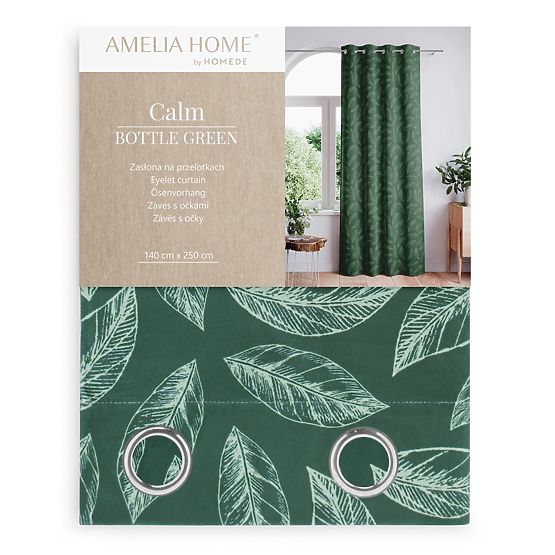Tenda CALM colore verde bottiglia motivo vegetale stampato stile classico anelli metallici argentati