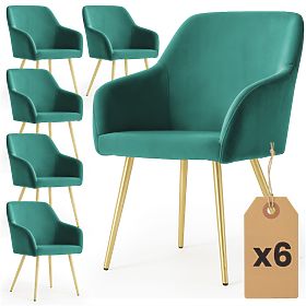 6x Sedia imbottita in velluto liscia Verde Bottiglia ESTELLE Gambe dorate