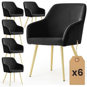 6x Sedia in velluto liscio imbottito Nero ESTELLE Gambe dorate