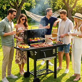Barbecue a carbone da giardino con coperchio, griglia regolabile, termometro e cassetto cenere Multi, MultiGarden