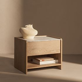 Comodino Tanami Rovere Cremona Torro, Marmo Crystal, arrotondato