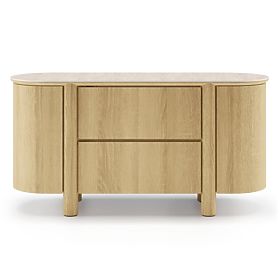 Credenza a due ante con cassetti Segretto, arrotondata, rovere naturale, travertino, lectus