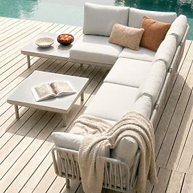 Divano angolare da giardino con tavolino Amarello, alluminio, intrecciato, beige chiaro/beige-grigio