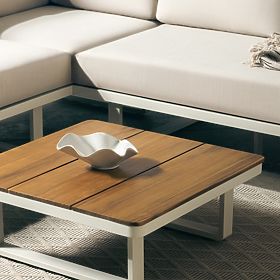 Divano angolare da giardino con tavolino Porticato, legno di acacia FSC, effetto teak, beige chiaro