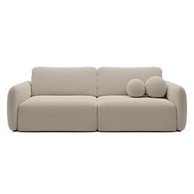 Divano letto Botse beige chiaro con spazio di stoccaggio, forme arrotondate, boucle