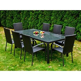 Grande set da pranzo in tecnorattan (tavolo 200x100cm + 8 sedie) SOTTILE nero