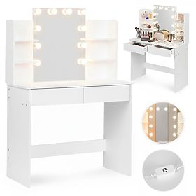 Grande toeletta cosmetica con specchio e illuminazione LED 3 colori scaffali cassetti ModernHome, MODERNHOME