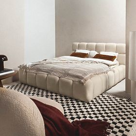Letto imbottito Nexo 160x200 cm, con rete e spazio contenitore, beige chiaro, forme arrotondate