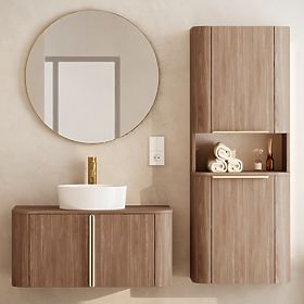 Mobiletto sotto lavabo da appoggio Bassa 80 cm, noce lincoln, maniglie dorate, arrotondato