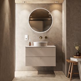Mobiletto sotto lavabo da appoggio Nelli 80 cm, color cashmere, scanalato, maniglie dorate