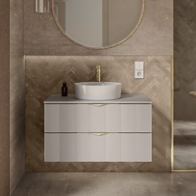 Mobiletto sotto lavabo Omi 80 cm, pannello frontale ondulato, maniglie dorate, beige cashmere