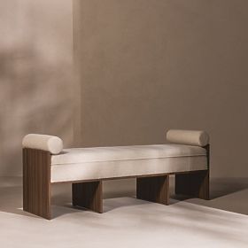 Panca imbottita Loppo beige chiaro, bouclé, Noce Wisconsin