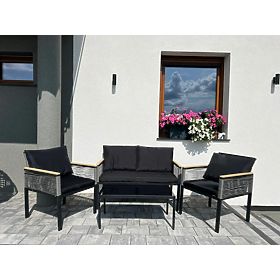 Piccolo set di mobili per balcone (2 x poltrona, divano + tavolino) CORTO alluminio nero, tecnoratta