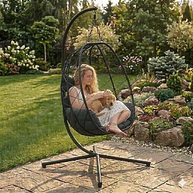 Sedia a dondolo sospesa da giardino a uovo, autoportante, fino a 120 kg, cuscini neri MultiGarden