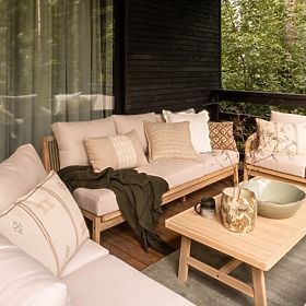 Set angolare da giardino con tavolo Castello, intreccio, legno di acacia FSC, effetto teak, beige