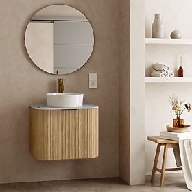 Set di mobile con piano e lavabo Matinale 60 cm, scanalato, arrotondato, Glit White/acacia