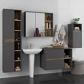 SET DI MOBILI DA BAGNO SOSPESI VAMI GRAFITE GRIGIO / ROVERE ARTIGIANO