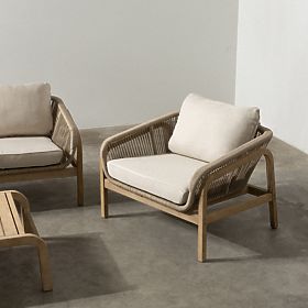 Set di mobili da giardino Belpasso, intrecciato, legno di eucalipto FSC, effetto teak, beige chiaro