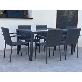 Set di mobili da pranzo in tecnorattan (tavolo 150×90 cm + 6 sedie) AVVICENTE, nero