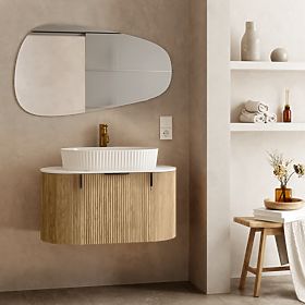 Set mobile con piano e lavabo La simplicite 80 cm, scanalato, arrotondato, Glit White/rovere