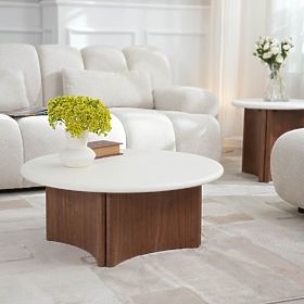 Tavolino da caffè Marlo 80 cm, bianco crema/noce, microcemento