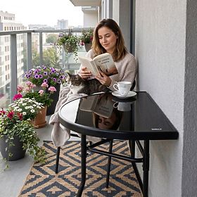 Tavolino da caffè semicircolare in vetro per balcone, terrazza, patio nero MultiGarden