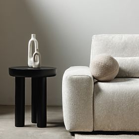 Tavolino laterale Limali 50 cm, rotondo, nero, legno di mango, forme arrotondate, lectus