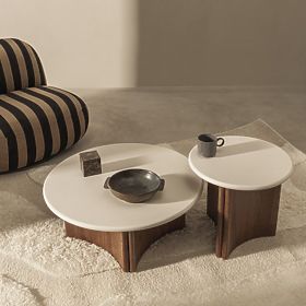 Tavolino laterale Marlo II 50 cm, crema bianco/noce, microcemento