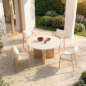 Tavolo da giardino Komorebi 130 cm con piano in pietra, legno di acacia chiaro/beige chiaro, rotondo