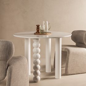Tavolo rotondo Bolla 100 cm, impiallacciatura di faggio, bianco, gamba decorativa con sfere