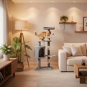 Tiragraffi per gatti, cuccia, colonna, torre per graffiare, casetta 110 cm grigio Petsi