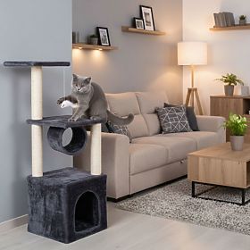 Tiragraffi per gatti, cuccia, colonna, torre per graffiare, casetta 94 cm grigio Petsi