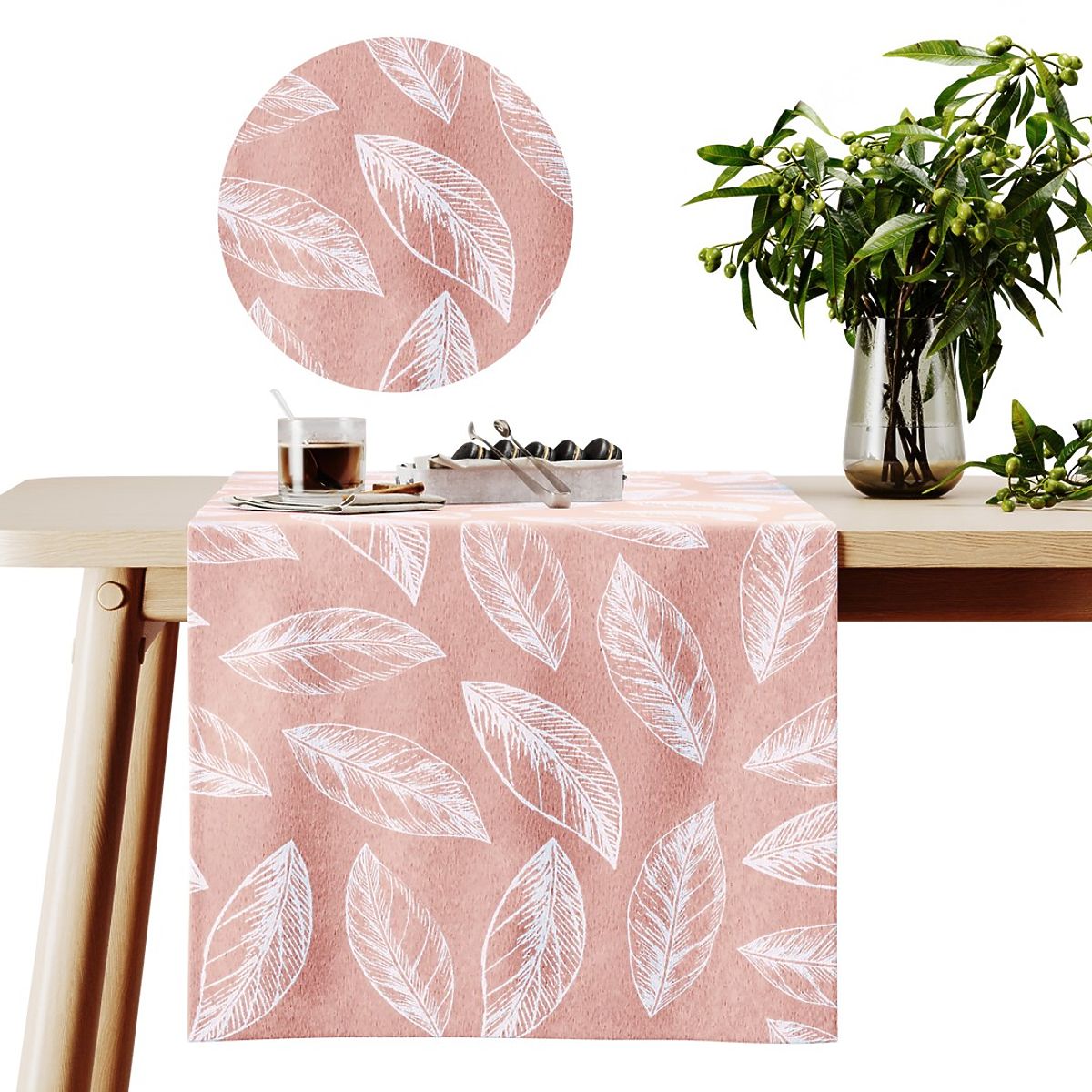 Tovaglia CALM colore rosa cipria motivo vegetale stampato stile classico 40x140 ameliahome